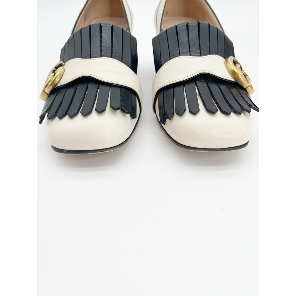 Gucci Marmont Kiltie Zebra Stripe Black White Leather Block Heel Pumps IT 37.5 - Picture 8 of 16
